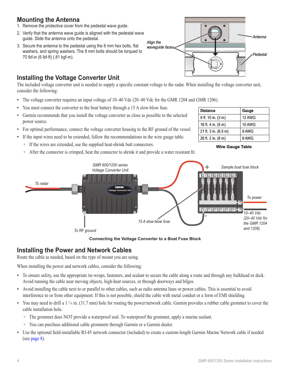 Mounting the antenna, Installing the voltage converter unit, Installing the power and network cables | Garmin GMR 606 User Manual | Page 4 / 14