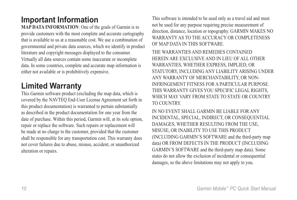 Important information, Limited warranty | Garmin Mobile PC User Manual | Page 10 / 12