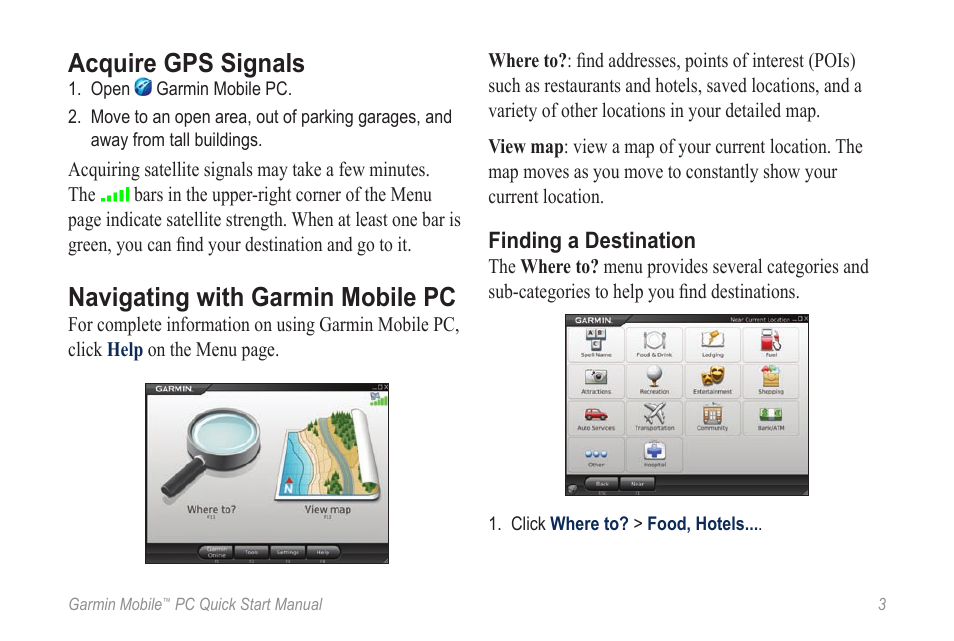 Acquire gps signals, Navigating with garmin mobile pc, Finding a destination | Garmin Mobile PC User Manual | Page 3 / 12