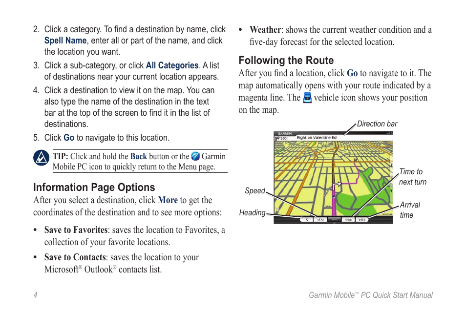 Following the route, Information page options | Garmin Mobile PC User Manual | Page 4 / 12