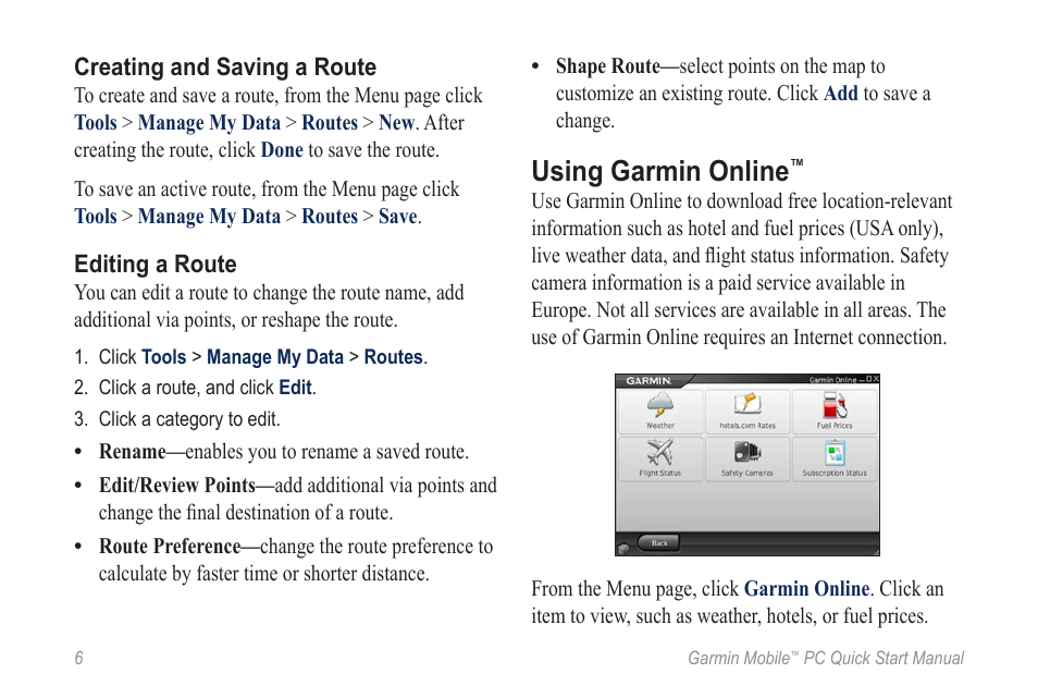 Creating and saving a route, Editing a route, Using garmin online | Garmin Mobile PC User Manual | Page 6 / 12