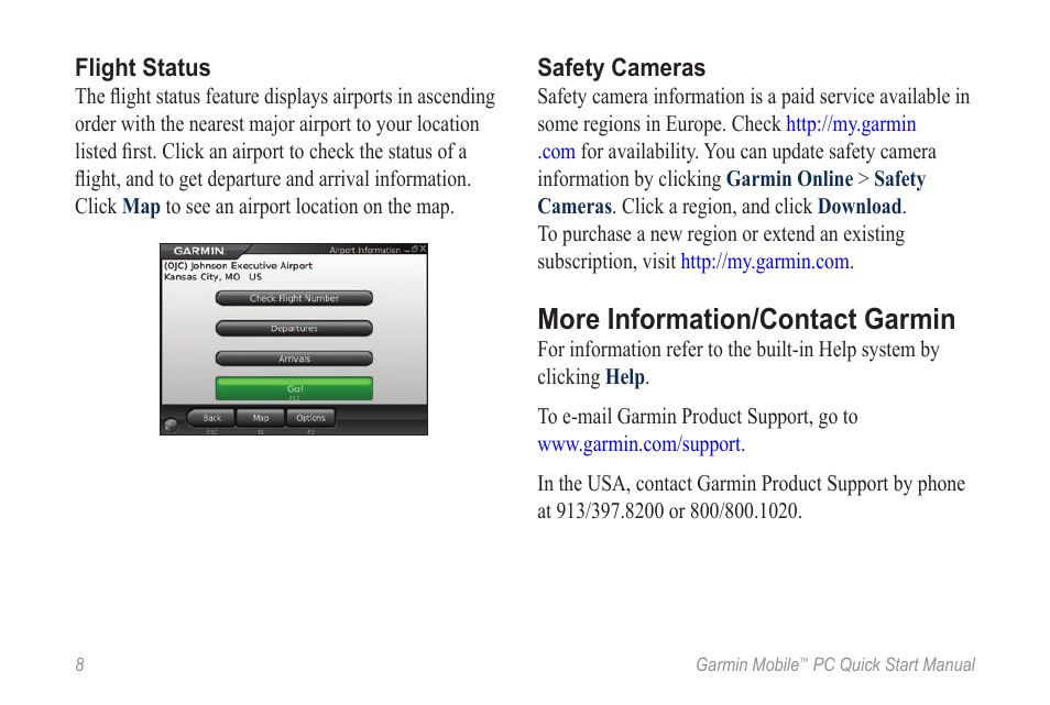 Flight status, Safety cameras, More information/contact garmin | Garmin Mobile PC User Manual | Page 8 / 12