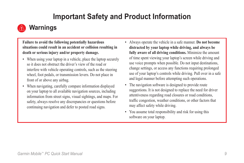 Warnings, Important safety and product information | Garmin Mobile PC User Manual | Page 9 / 12