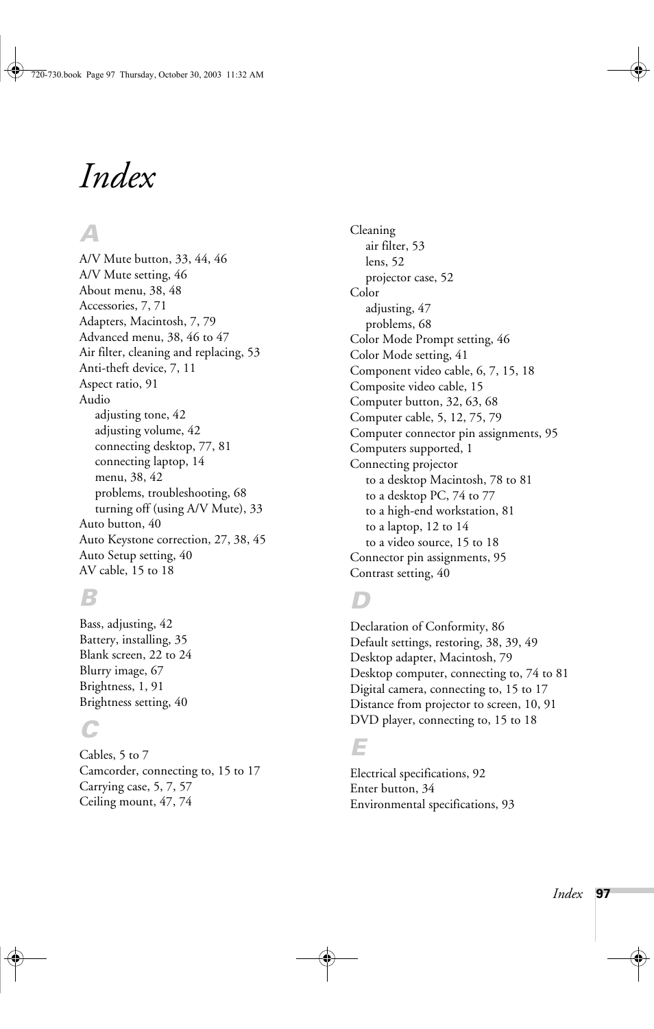 Index | Epson 720c User Manual | Page 103 / 106