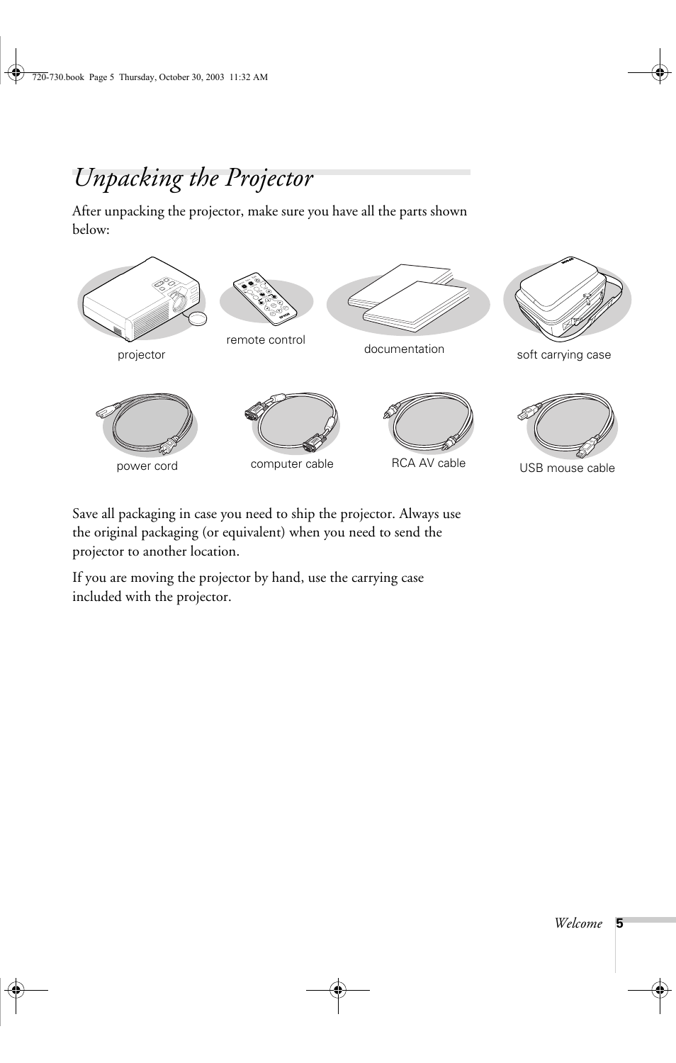 Unpacking the projector, Welcome | Epson 720c User Manual | Page 11 / 106