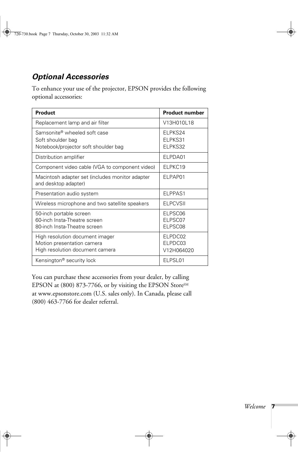 Optional accessories | Epson 720c User Manual | Page 13 / 106