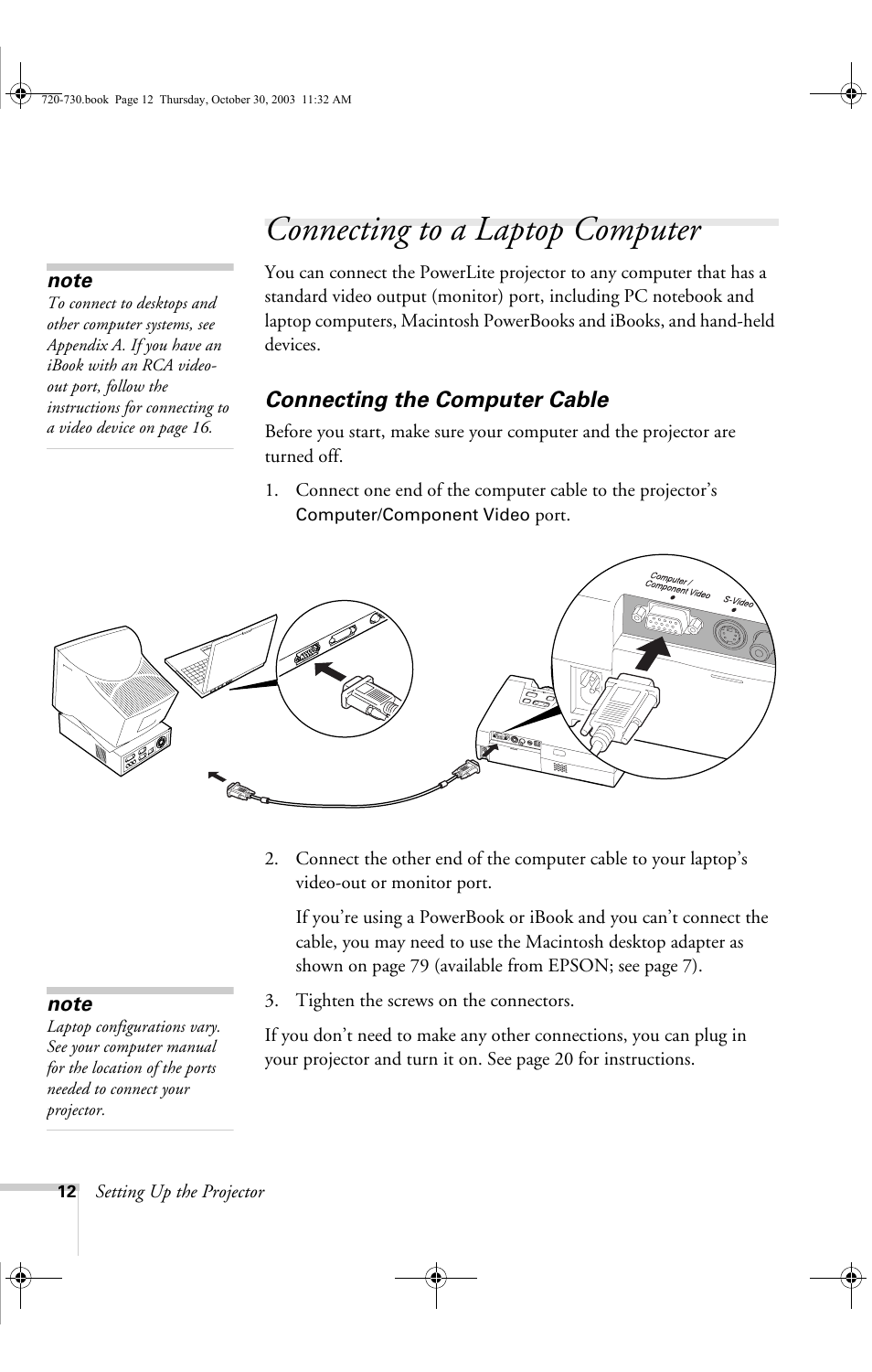 Connecting to a laptop computer, Connecting the computer cable | Epson 720c User Manual | Page 18 / 106