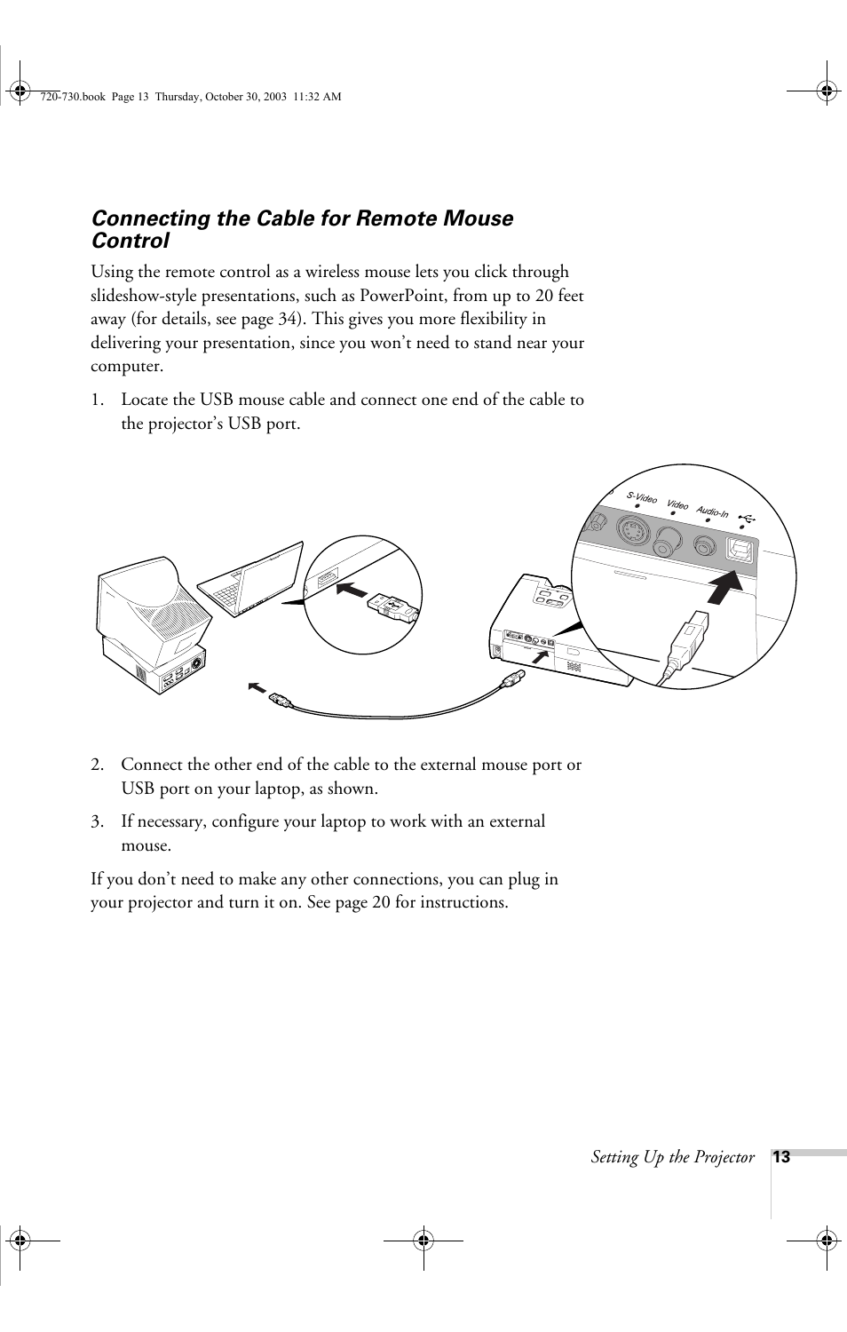 Connecting the cable for remote mouse control | Epson 720c User Manual | Page 19 / 106