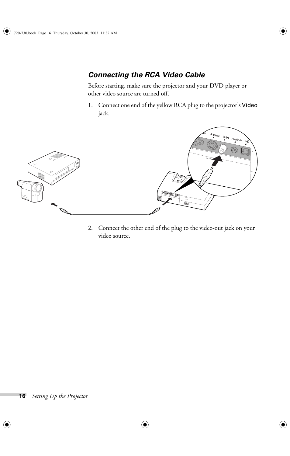 Connecting the rca video cable | Epson 720c User Manual | Page 22 / 106