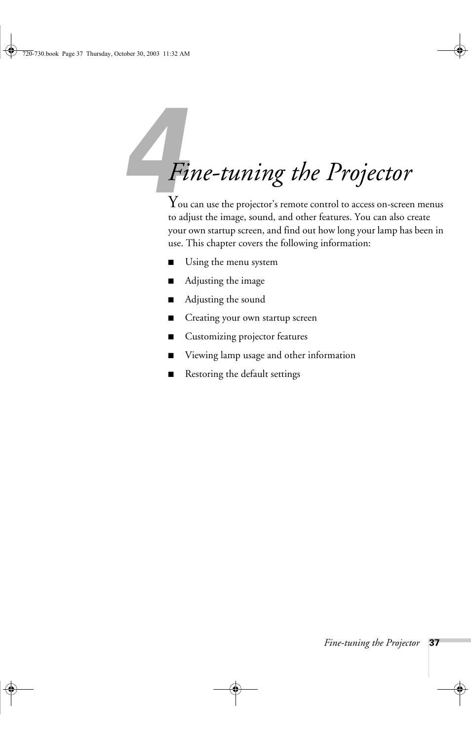 Fine-tuning the projector | Epson 720c User Manual | Page 43 / 106