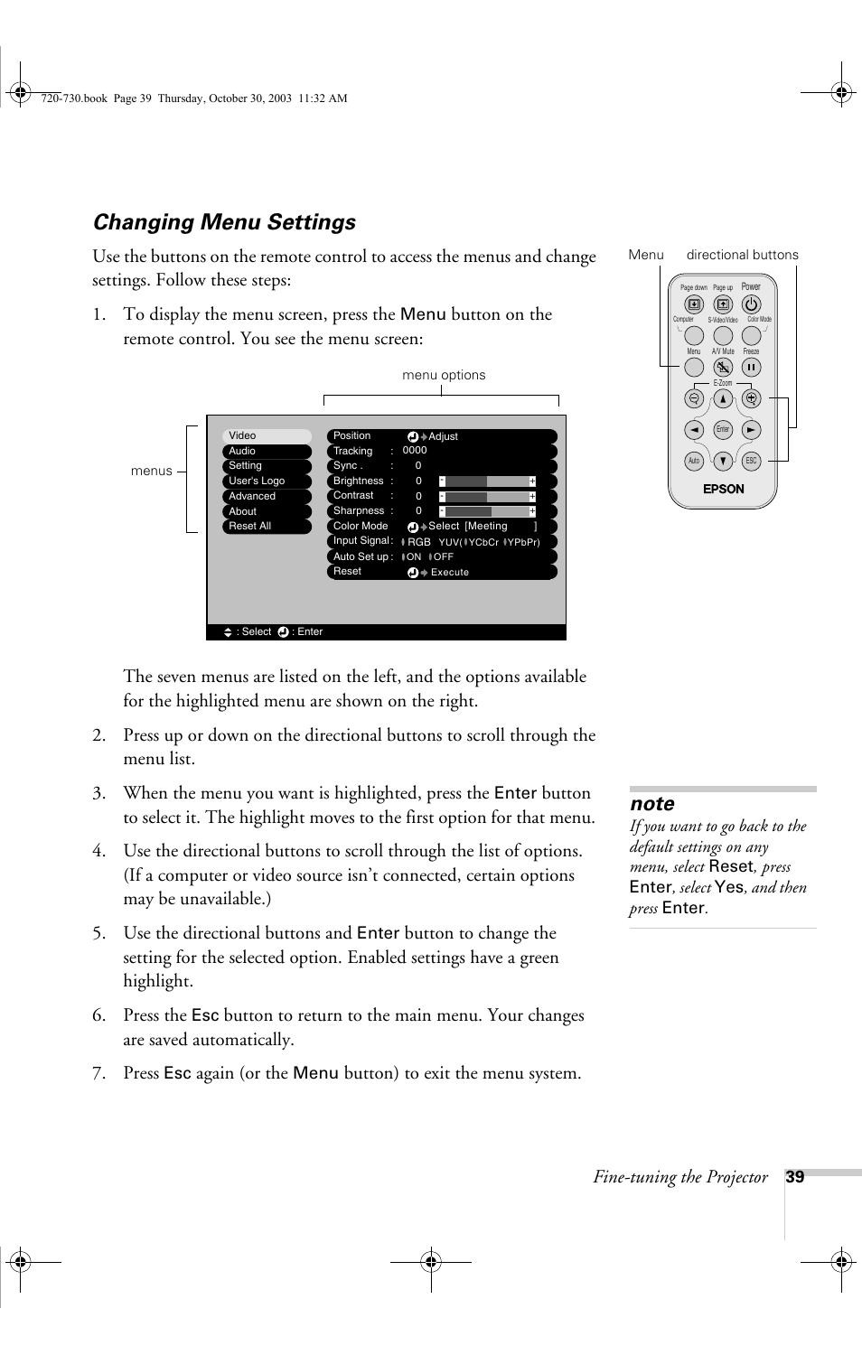 Changing menu settings, Fine-tuning the projector, Again (or the | Button) to exit the menu system, Menu, Enter | Epson 720c User Manual | Page 45 / 106