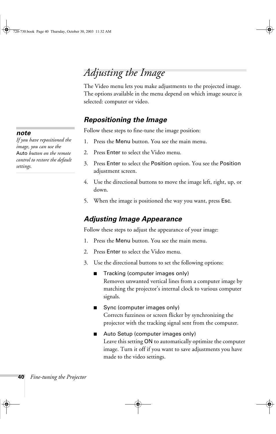 Adjusting the image, Repositioning the image, Adjusting image appearance | Repositioning the image adjusting image appearance | Epson 720c User Manual | Page 46 / 106