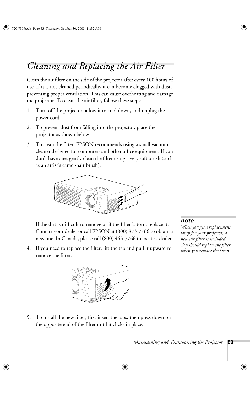 Cleaning and replacing the air filter | Epson 720c User Manual | Page 59 / 106