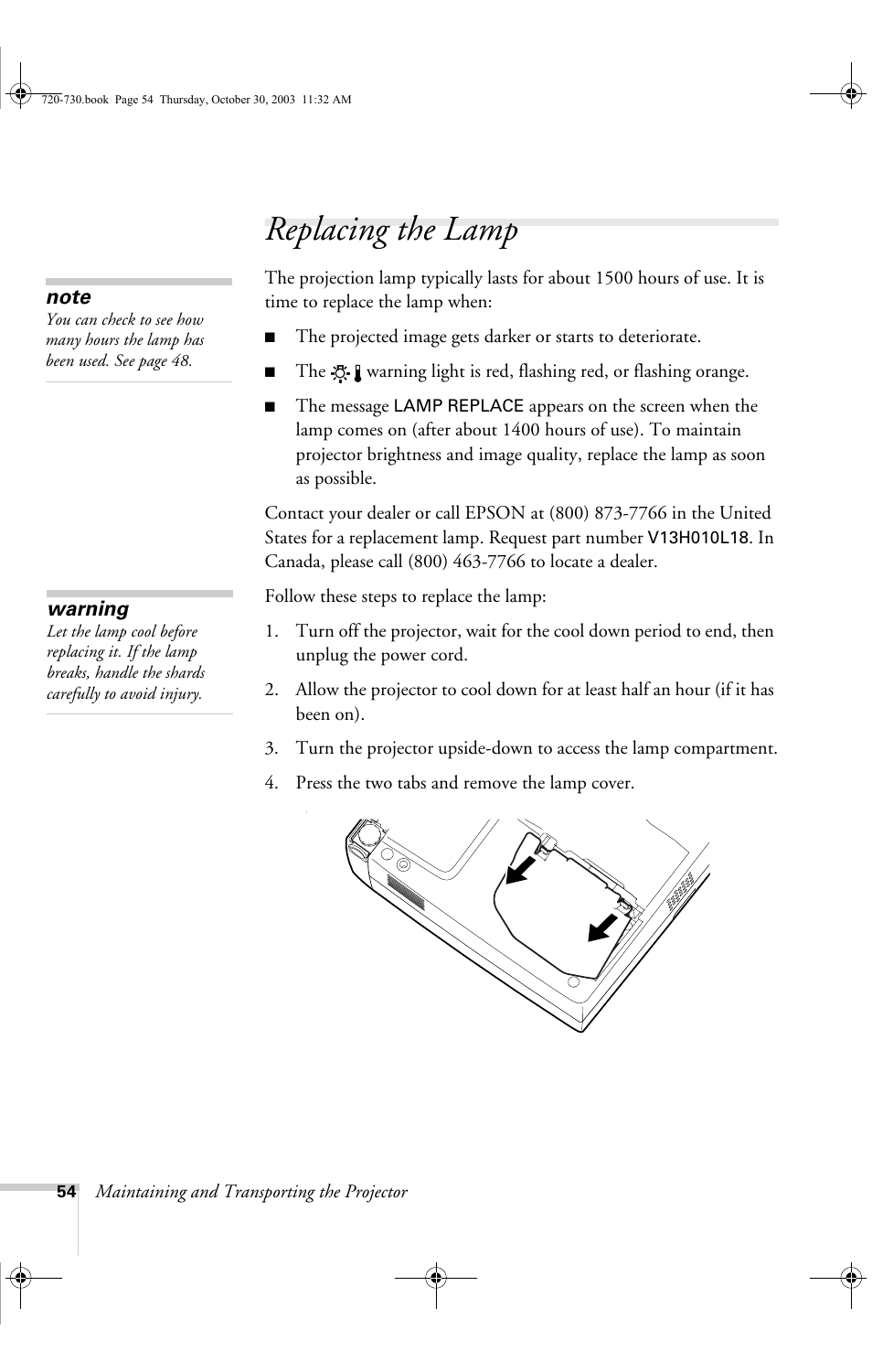 Replacing the lamp | Epson 720c User Manual | Page 60 / 106