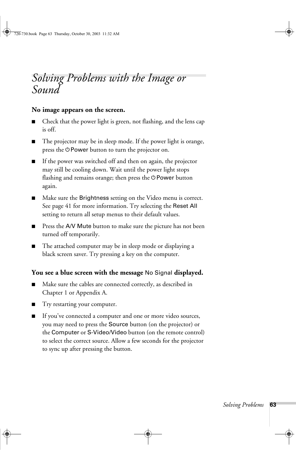 Solving problems with the image or sound | Epson 720c User Manual | Page 69 / 106