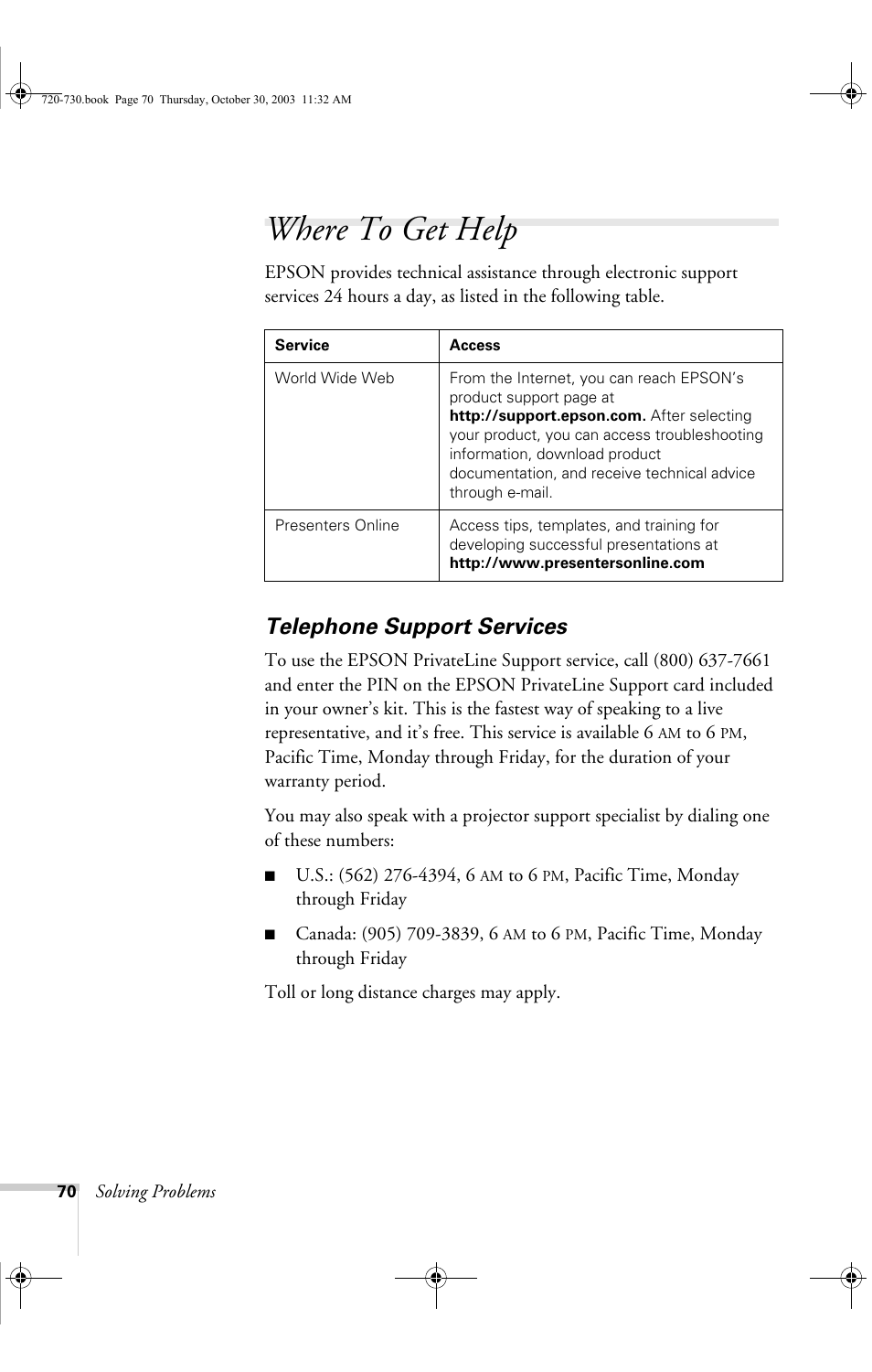 Where to get help, Telephone support services | Epson 720c User Manual | Page 76 / 106