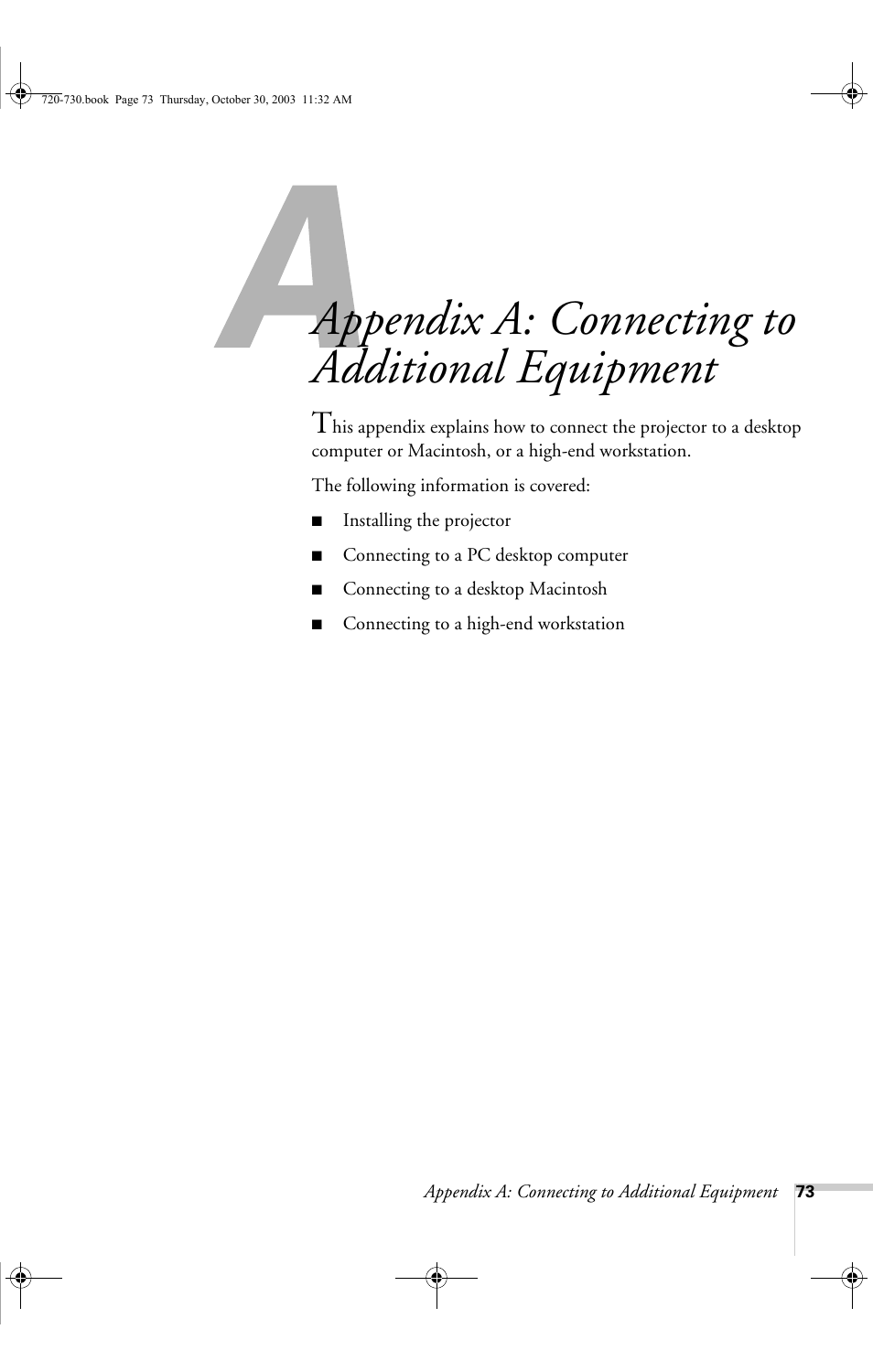 Appendix a: connecting to additional equipment, Equipment | Epson 720c User Manual | Page 79 / 106