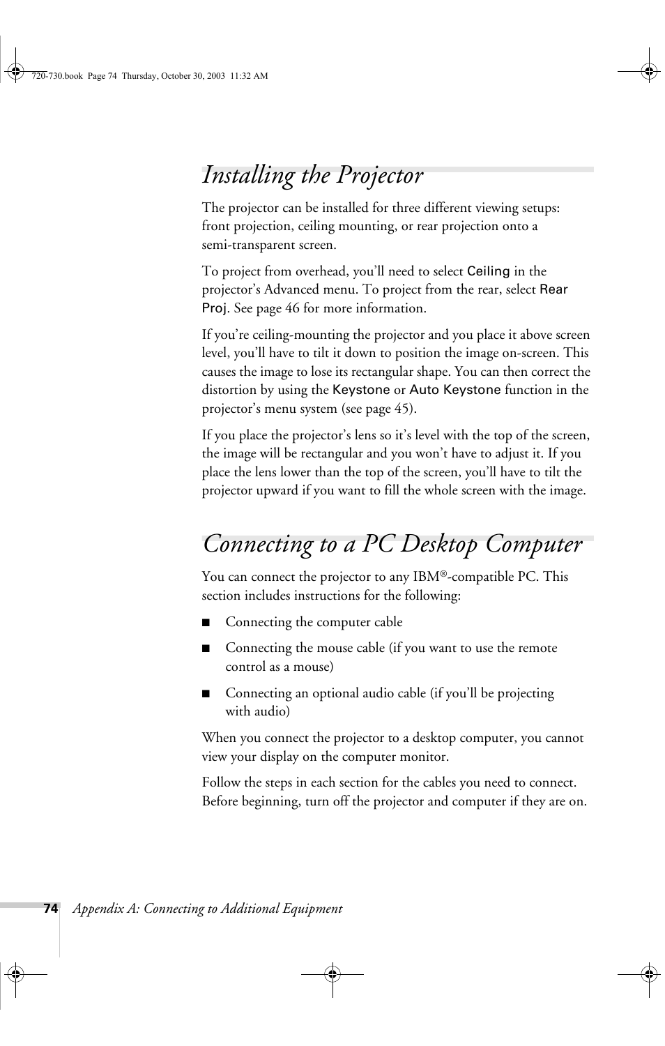 Installing the projector, Connecting to a pc desktop computer | Epson 720c User Manual | Page 80 / 106