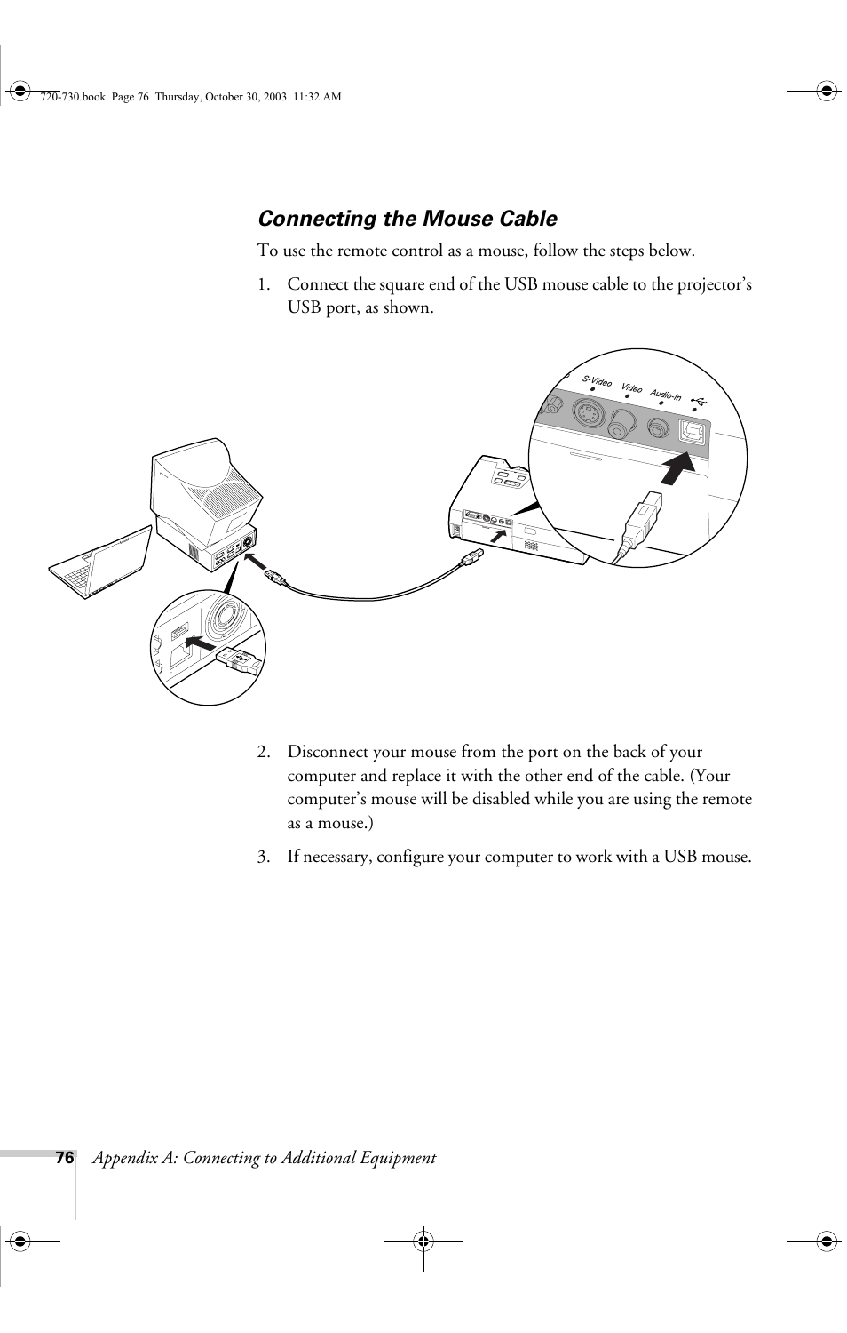 Connecting the mouse cable | Epson 720c User Manual | Page 82 / 106