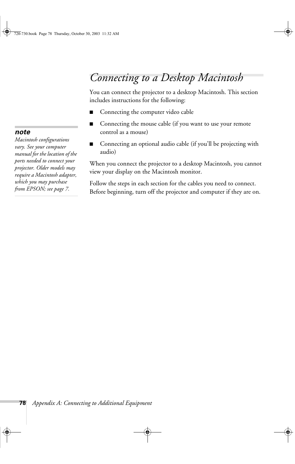 Connecting to a desktop macintosh | Epson 720c User Manual | Page 84 / 106
