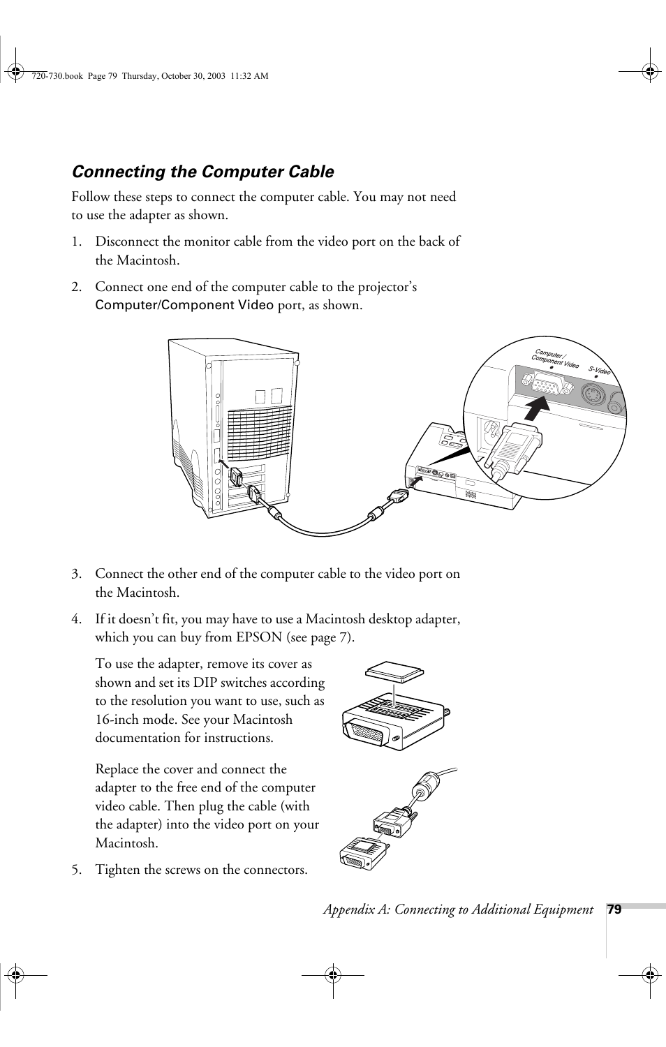 Connecting the computer cable | Epson 720c User Manual | Page 85 / 106