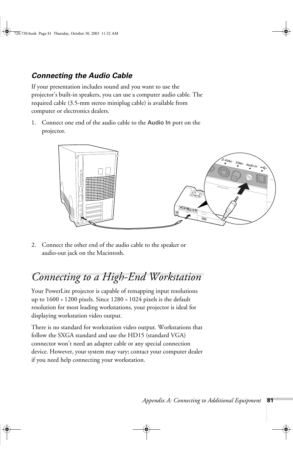 Connecting the audio cable, Connecting to a high-end workstation | Epson 720c User Manual | Page 87 / 106