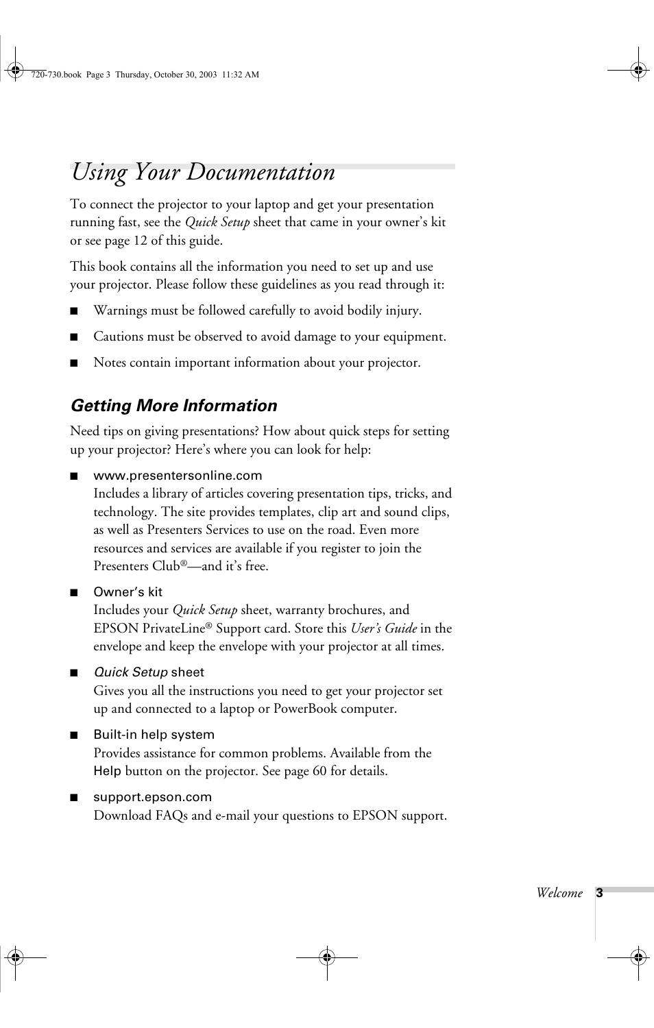 Using your documentation, Getting more information | Epson 720c User Manual | Page 9 / 106