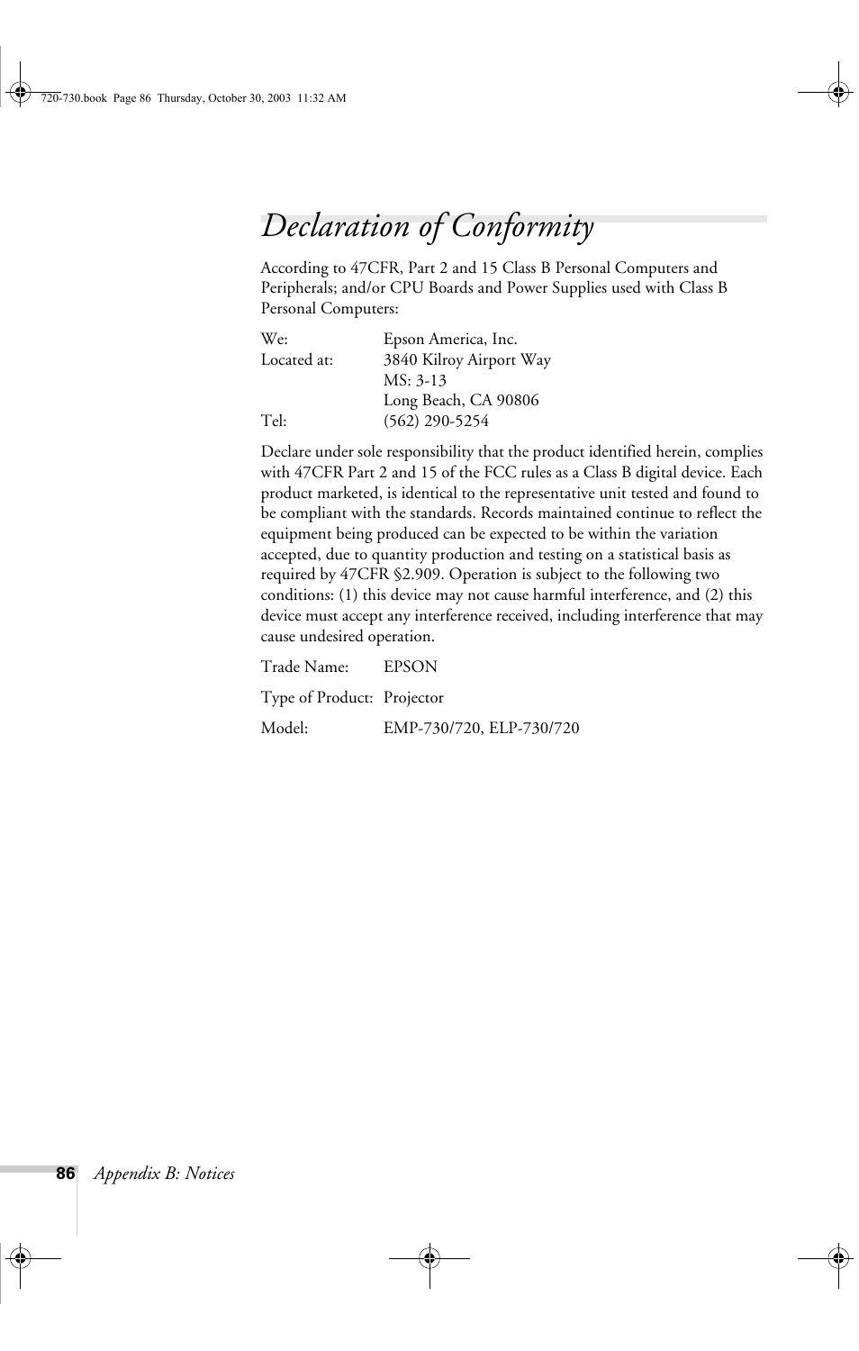 Declaration of conformity | Epson 720c User Manual | Page 92 / 106
