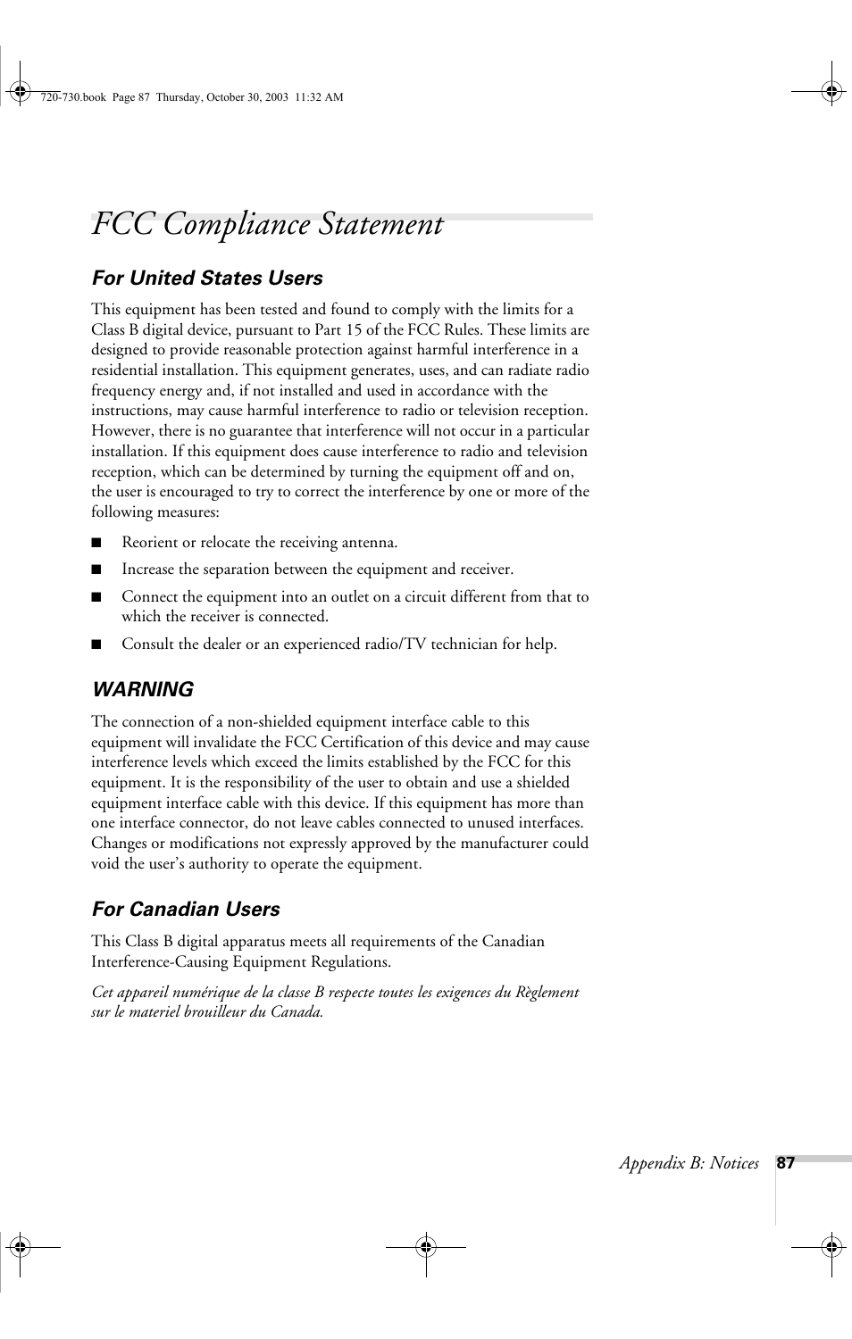 Fcc compliance statement | Epson 720c User Manual | Page 93 / 106