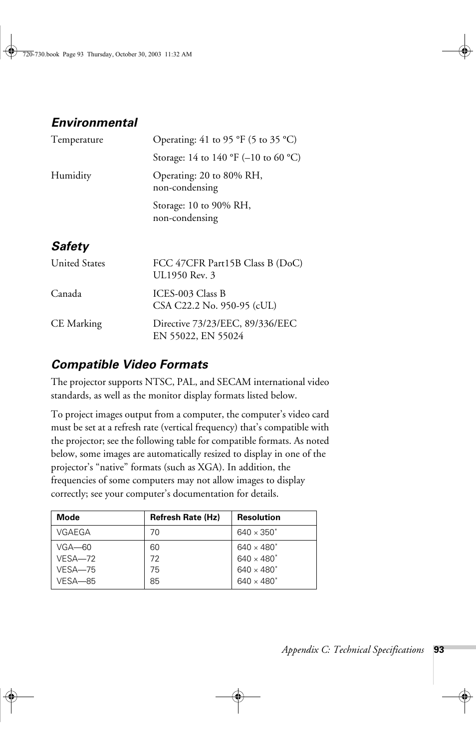 Environmental, Safety, Compatible video formats | Environmental safety compatible video formats | Epson 720c User Manual | Page 99 / 106