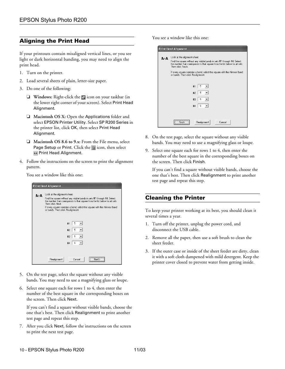 Aligning the print head, Cleaning the printer | Garmin STYLUS PHOTO R200 User Manual | Page 10 / 11