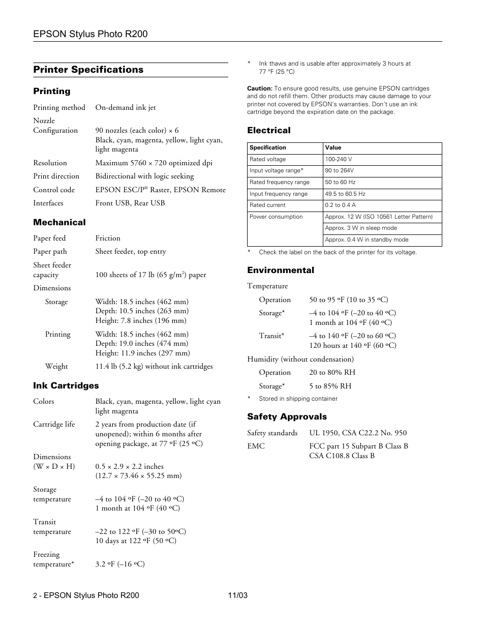 Printer specifications, Printing, Mechanical | Ink cartridges, Electrical, Environmental, Safety approvals, Epson stylus photo r200 | Garmin STYLUS PHOTO R200 User Manual | Page 2 / 11