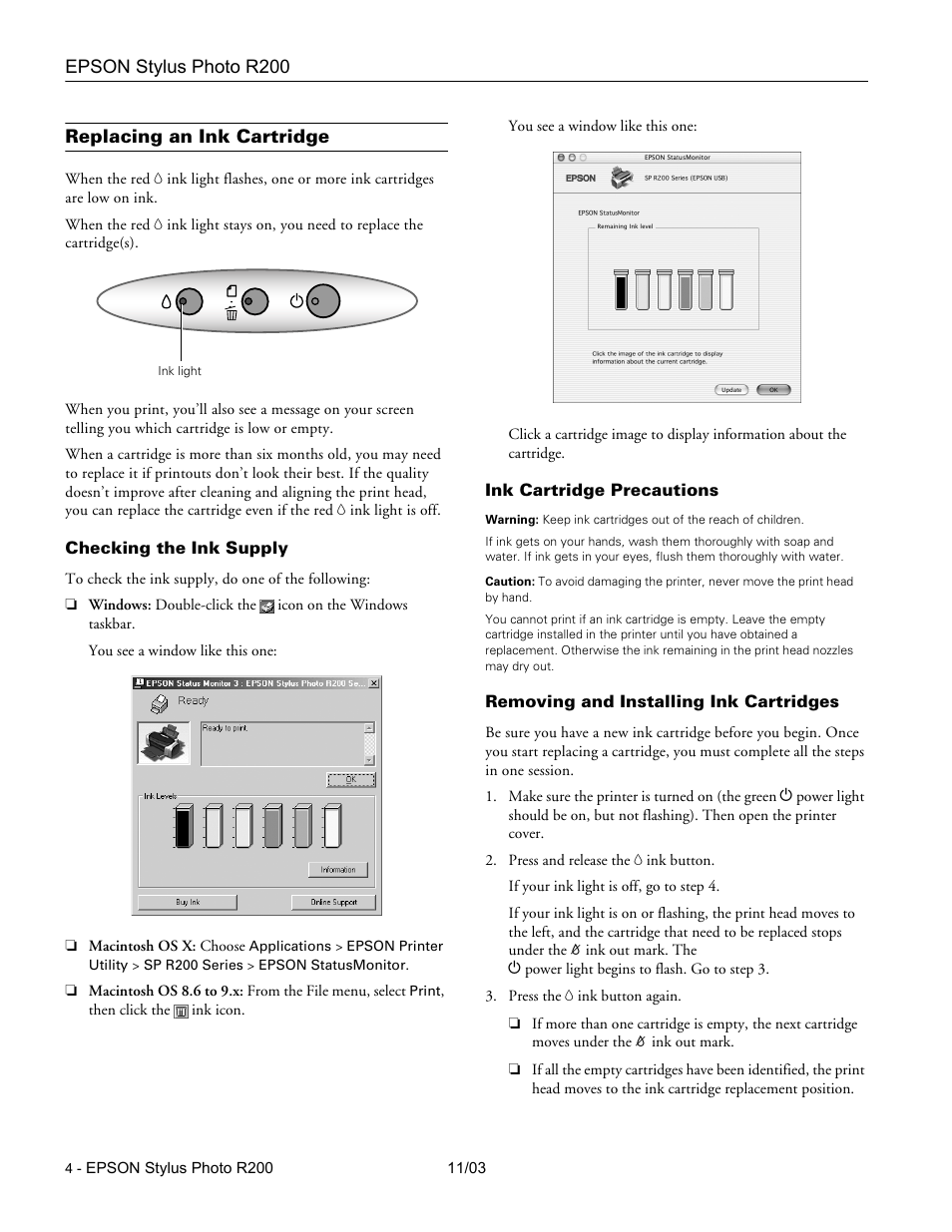 Replacing an ink cartridge, Checking the ink supply, Ink cartridge precautions | Removing and installing ink cartridges | Garmin STYLUS PHOTO R200 User Manual | Page 4 / 11