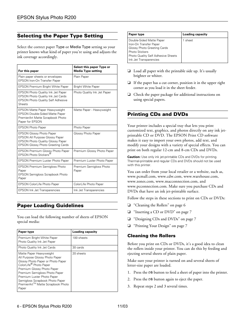 Selecting the paper type setting, Paper loading guidelines, Printing cds and dvds | Cleaning the rollers, Epson stylus photo r200 | Garmin STYLUS PHOTO R200 User Manual | Page 6 / 11