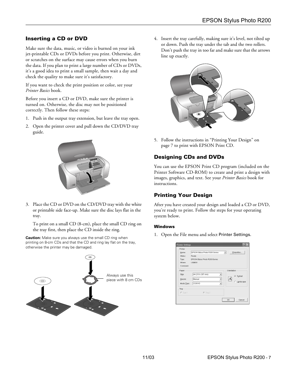 Inserting a cd or dvd, Designing cds and dvds, Printing your design | Garmin STYLUS PHOTO R200 User Manual | Page 7 / 11