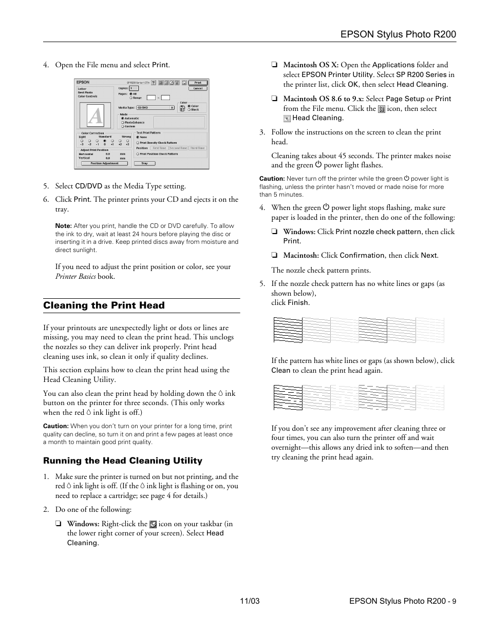 Cleaning the print head, Running the head cleaning utility | Garmin STYLUS PHOTO R200 User Manual | Page 9 / 11