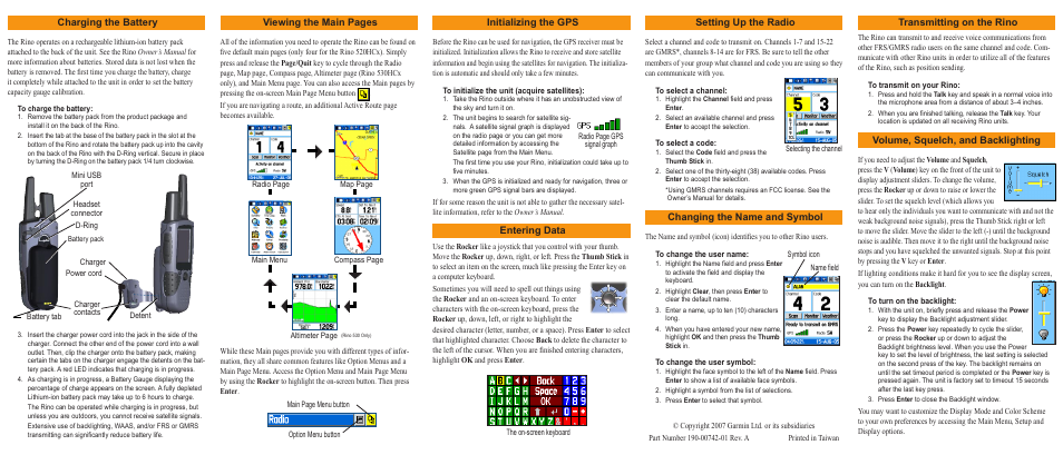 Charging the battery, Viewing the main pages, Initializing the gps | Entering data, Setting up the radio, Changing the name and symbol, Transmitting on the rino, Volume, squelch, and backlighting | Garmin Rino 190-00742-01 User Manual | Page 2 / 2