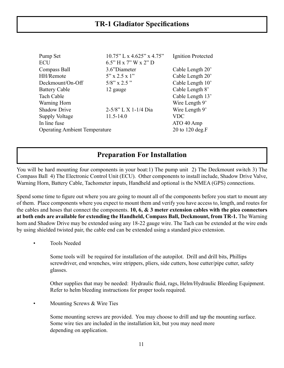 Tr-1 gladiator specifications, Preparation for installation | Garmin GLADIATOR TR-1 User Manual | Page 11 / 53