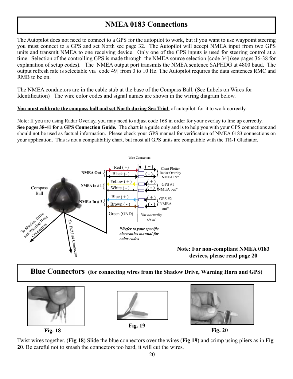 Nmea 0183 connections, Blue connectors | Garmin GLADIATOR TR-1 User Manual | Page 20 / 53