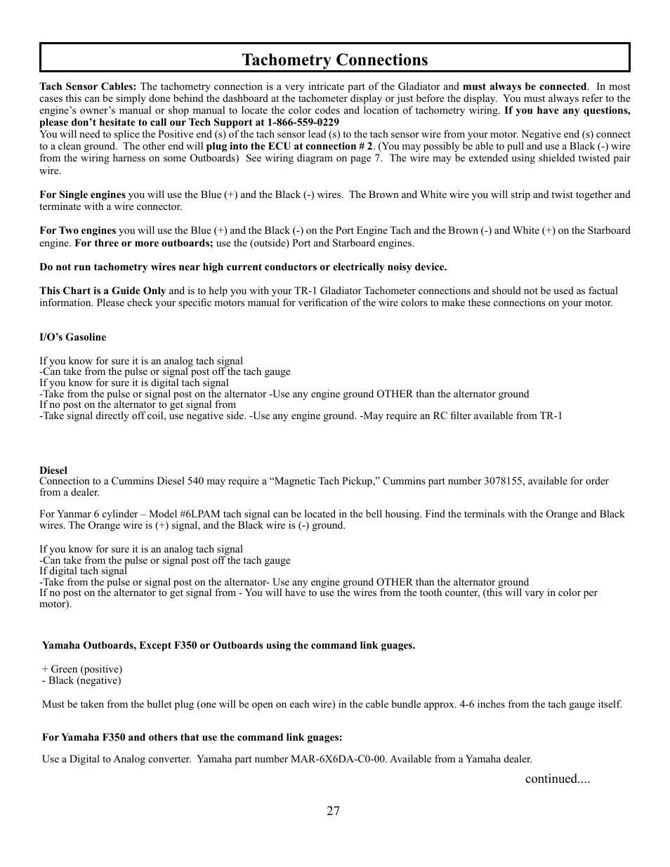 Tachometry connections | Garmin GLADIATOR TR-1 User Manual | Page 27 / 53