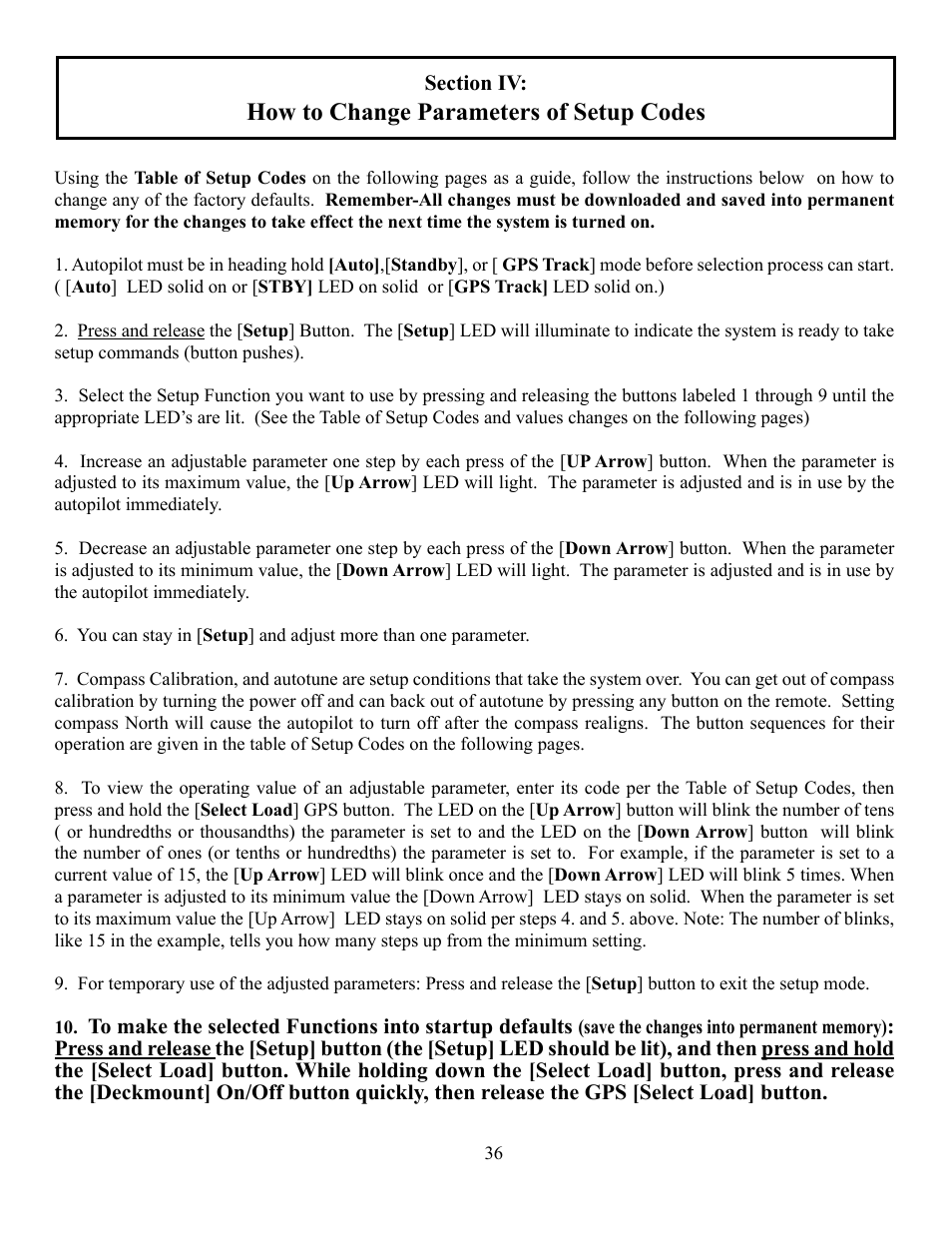 How to change parameters of setup codes | Garmin GLADIATOR TR-1 User Manual | Page 36 / 53