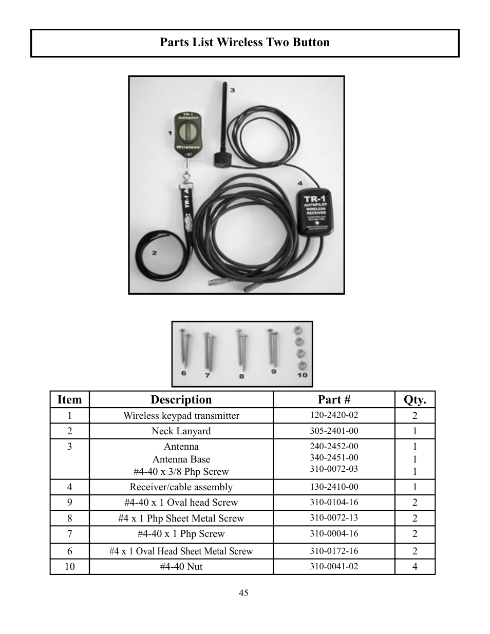 Item description part # qty, Parts list wireless two button | Garmin GLADIATOR TR-1 User Manual | Page 45 / 53