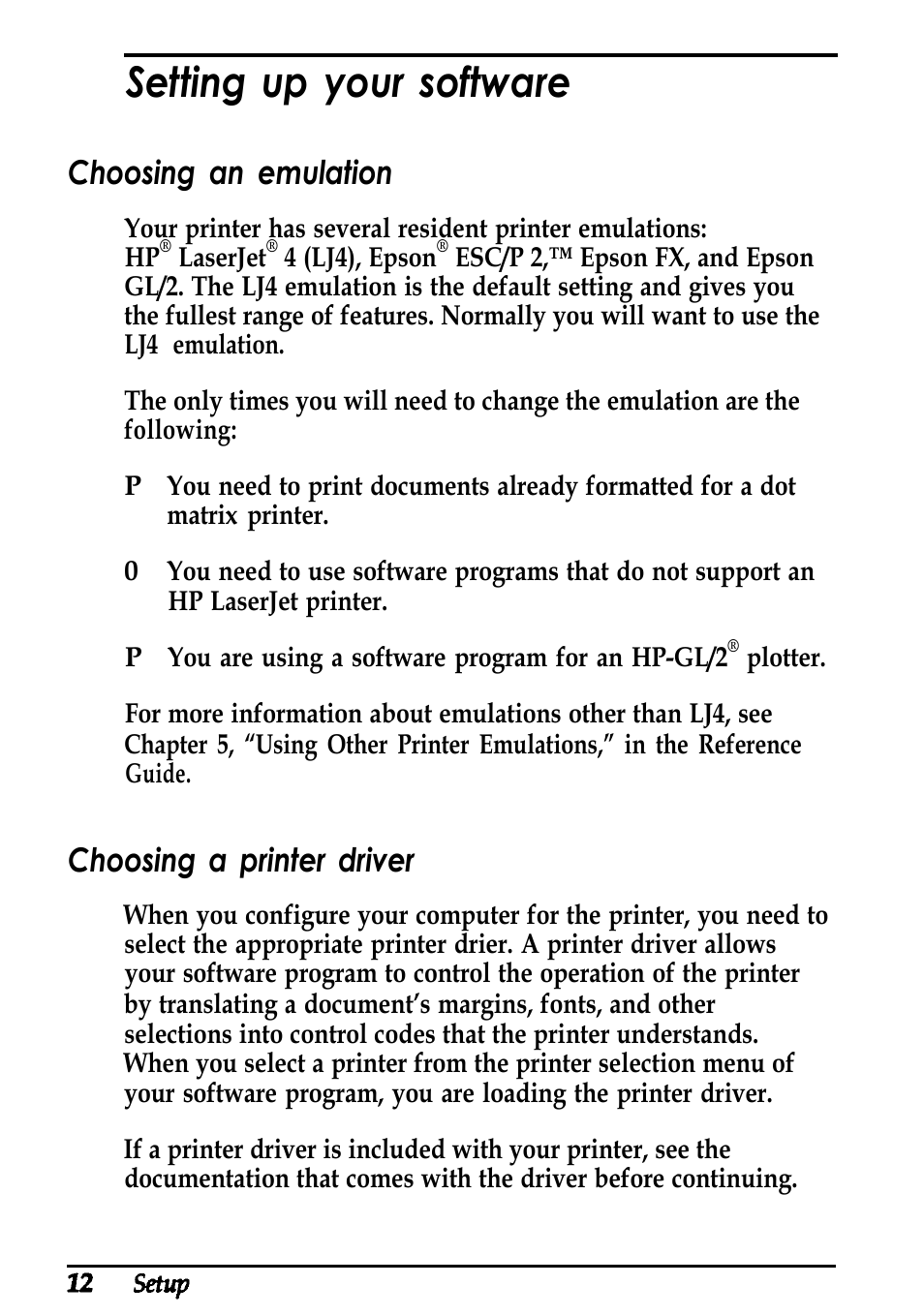 Setting up your software, Choosing an emulation, Choosing a printer driver | Epson ActionLaser 1600 User Manual | Page 16 / 26