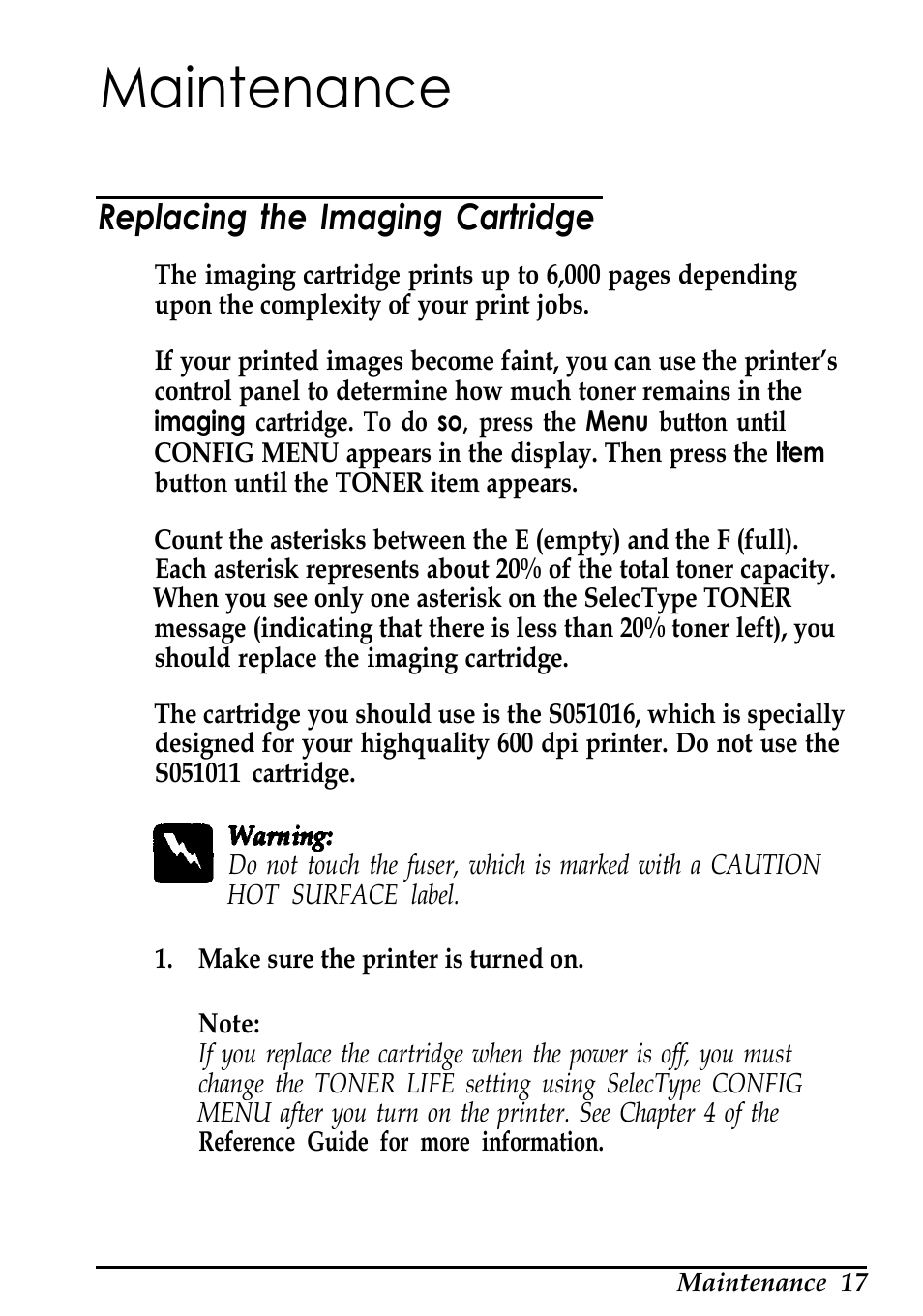 Maintenance, Replacing the imaging cartridge | Epson ActionLaser 1600 User Manual | Page 21 / 26