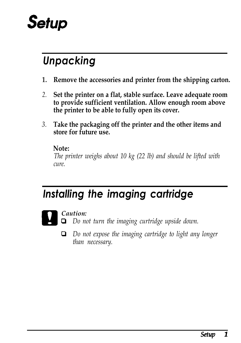 Setup, Unpacking, Installing the imaging cartridge | Epson ActionLaser 1600 User Manual | Page 5 / 26