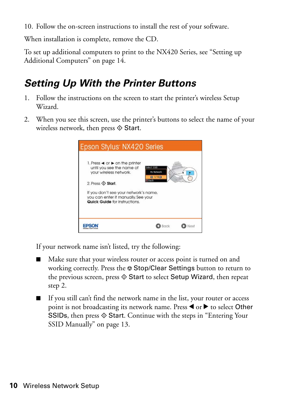 Setting up with the printer buttons | Epson Stylus NX420 User Manual | Page 10 / 56