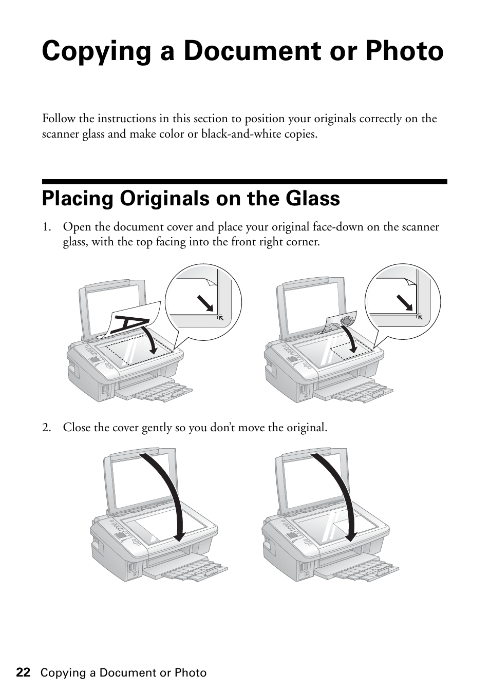 Copying a document or photo, Placing originals on the glass | Epson Stylus NX420 User Manual | Page 22 / 56