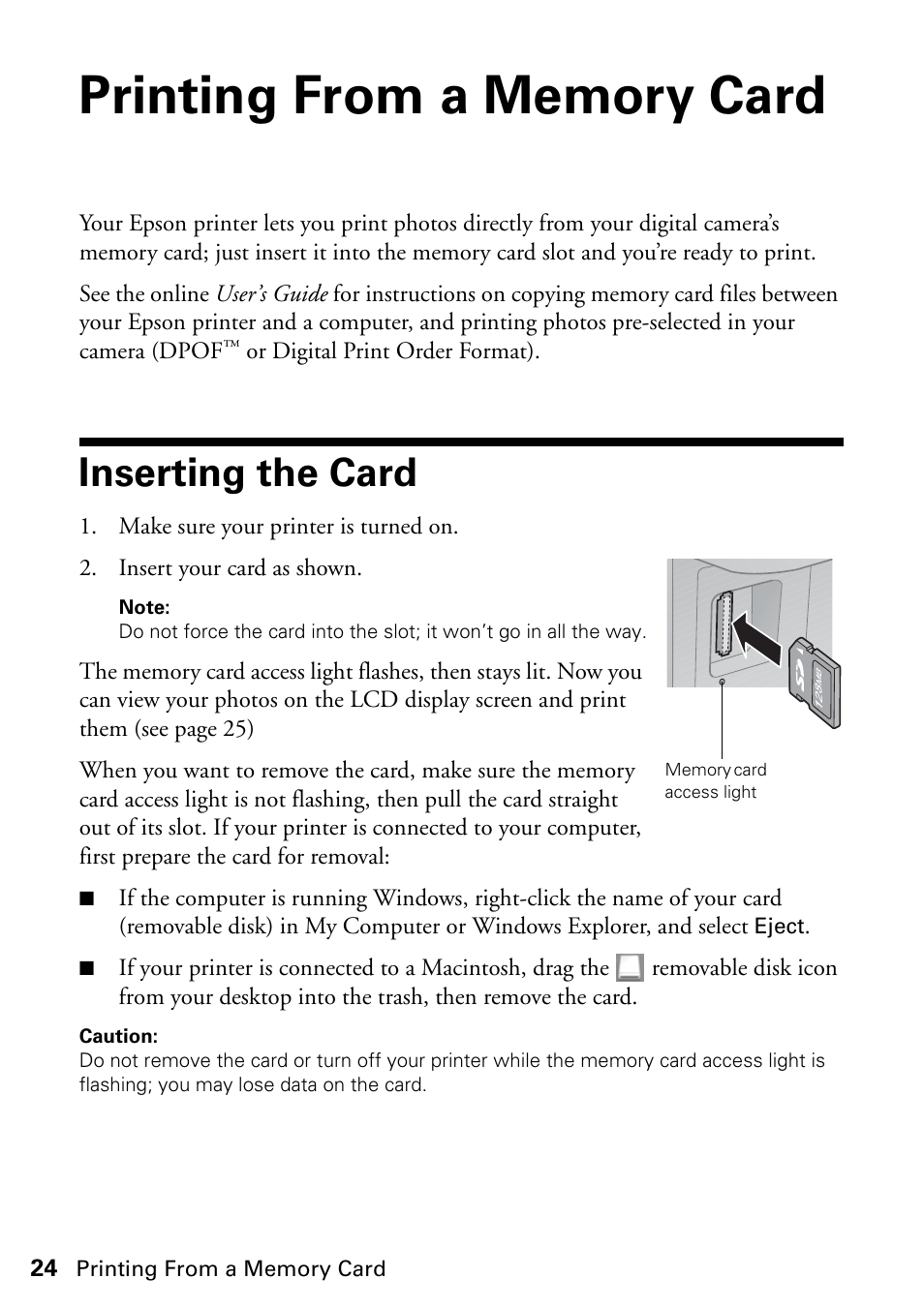 Printing from a memory card, Inserting the card | Epson Stylus NX420 User Manual | Page 24 / 56