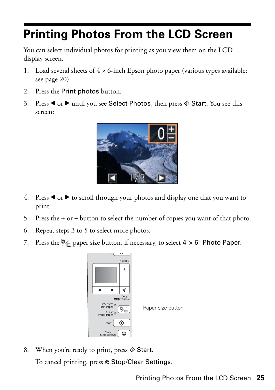 Printing photos from the lcd screen | Epson Stylus NX420 User Manual | Page 25 / 56