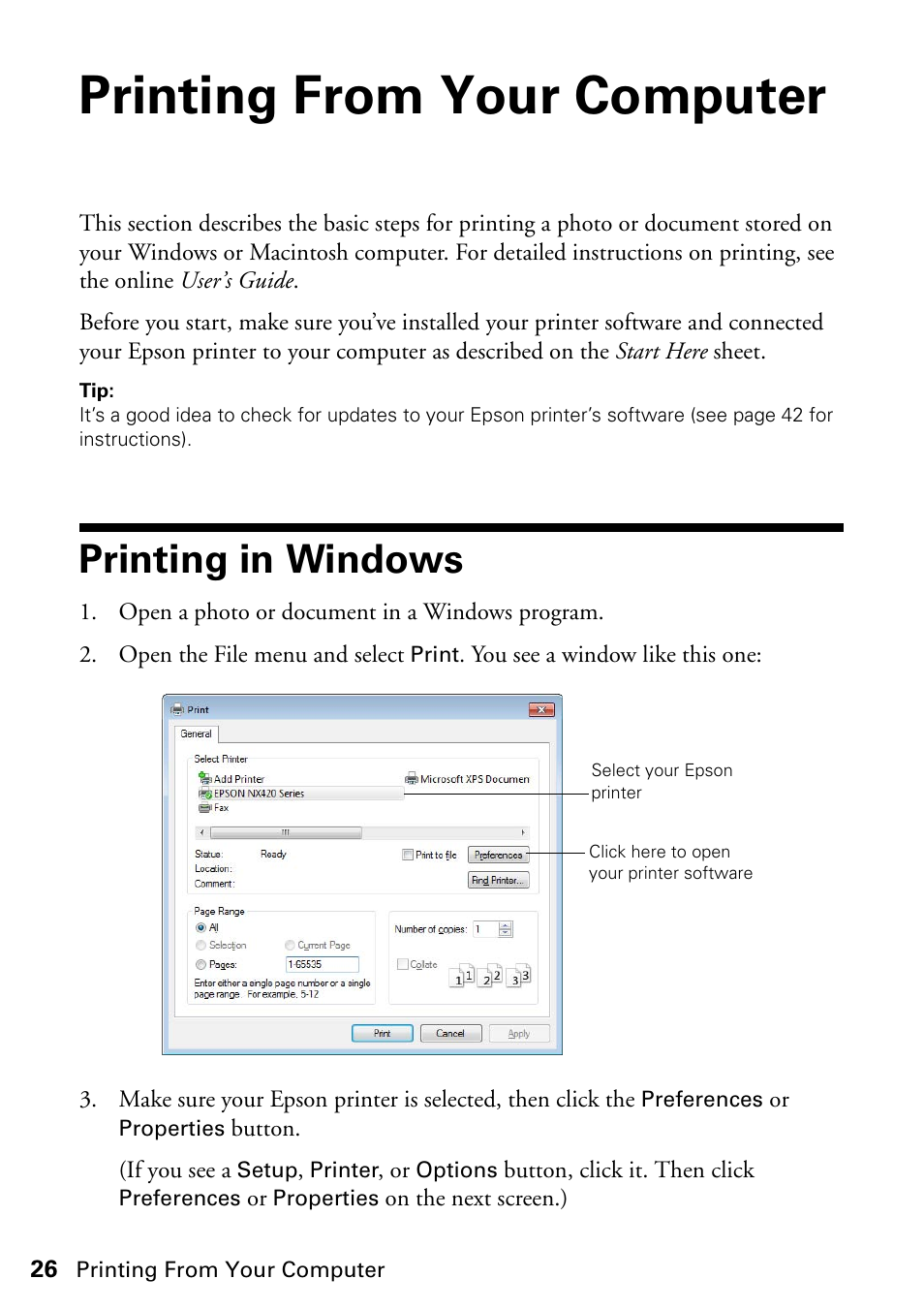 Printing from your computer, Printing in windows | Epson Stylus NX420 User Manual | Page 26 / 56